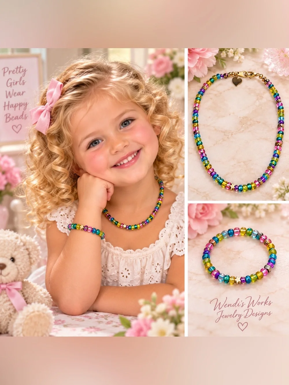 Children’s Rainbow Glass Bead Necklace Gold Accents Colorful Artisan Jewelry